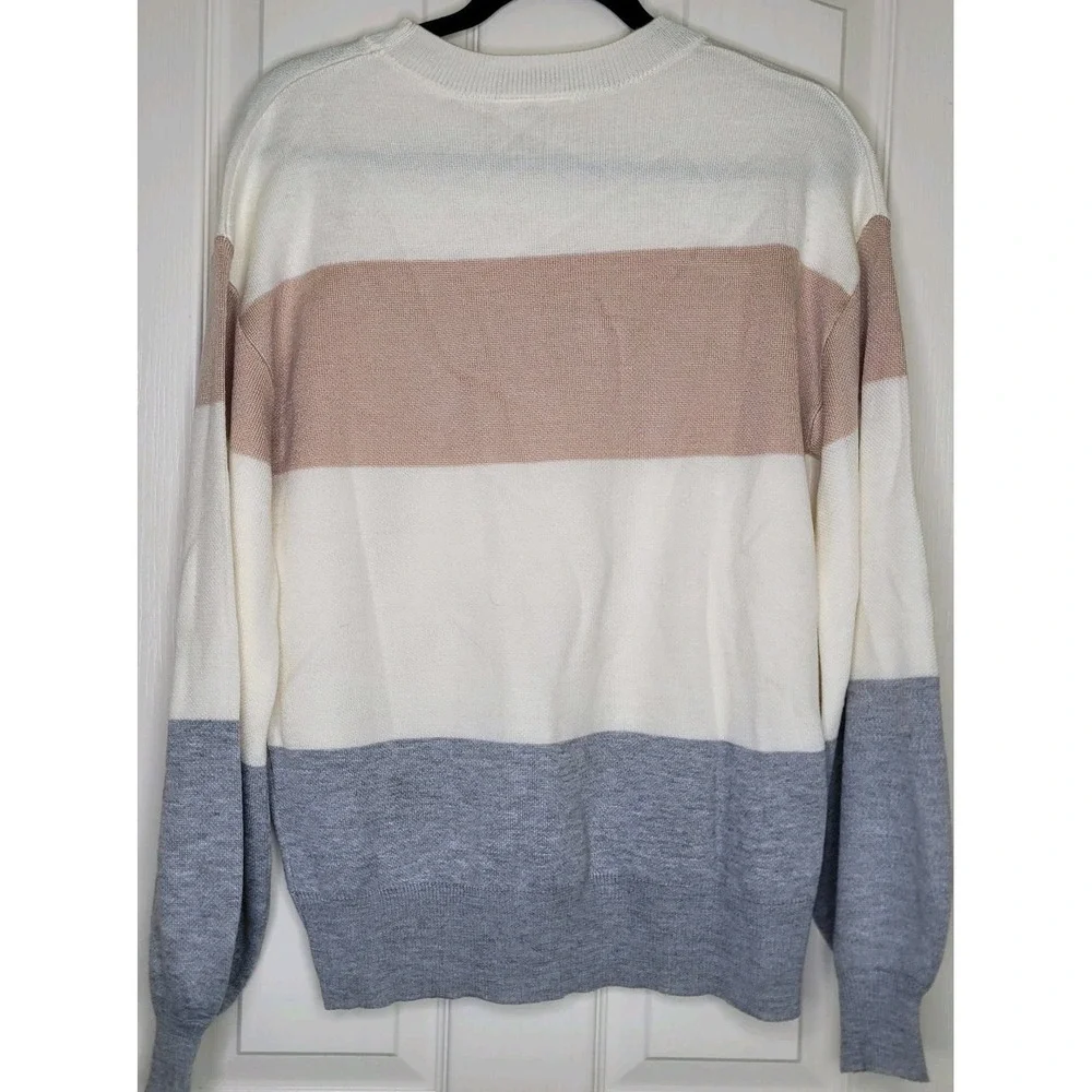 alredine Ivory Beige‎ Gray Knit Pullover Sweater Colorblock Striped Crew L Women